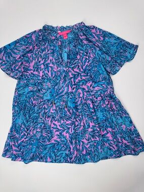 Lilly Pulitzer Blue and Pink Floral Ruffle-Neck Zadie Top